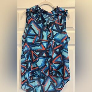 Geometric Blue and Red Sleeveless Blouse